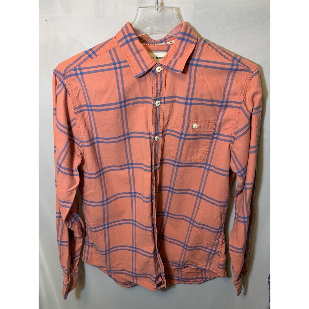 Mens M Peach & Blue Plaid Button Down‎ Long Sleeve The Normal Brand